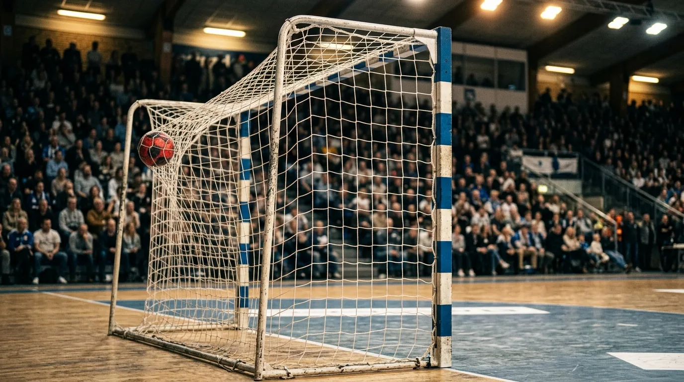 Balón de balonmano entrando por la escuadra de la portería