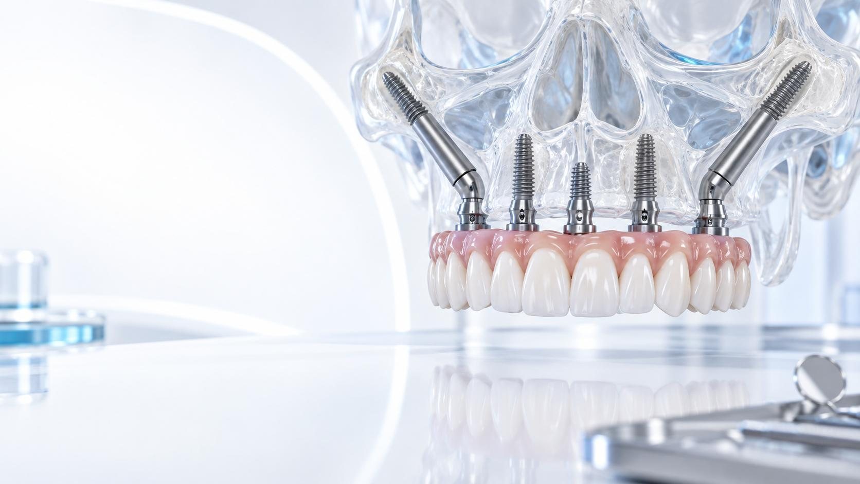 Ilustración de una rehabilitación fija del maxilar superior sobre implantes, con dos implantes zigomáticos anclados en los pómulos