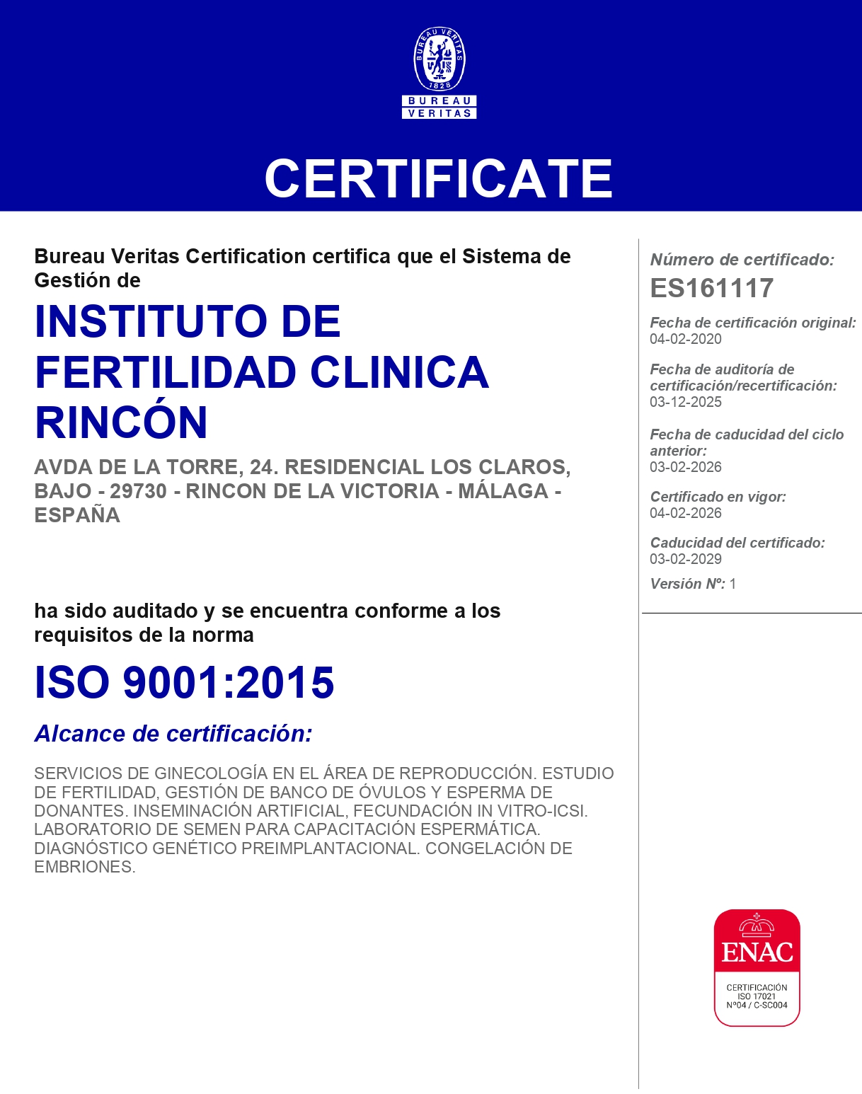 Certificado ISO 9001:2015 de Bureau Veritas del Instituto de Fertilidad Clínica Rincón