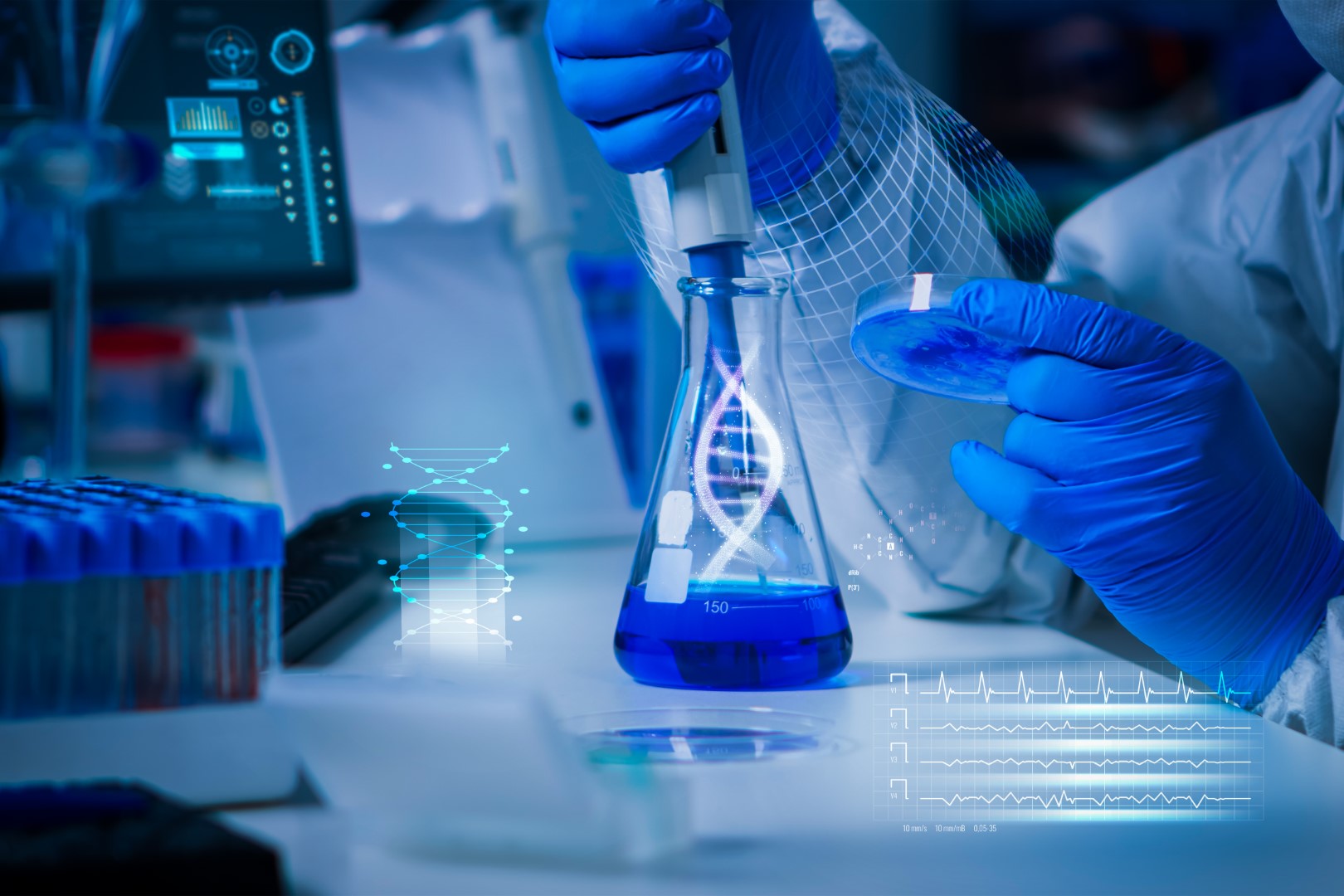 Investigación en el laboratorio con un matraz y una pipeta