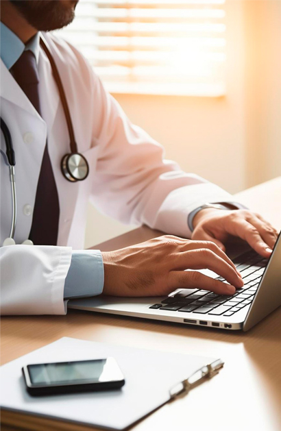 Médico escribiendo en el ordenador portátil