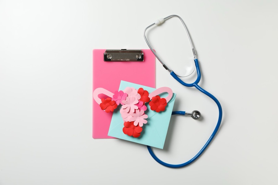 Estetoscopio y carpeta con flores de papel